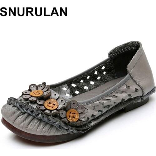 SNURULAN Ladies Ballet flat shoes 2020 hollow embroidery retro genuine leather women moccasins casual shallow breathable summer