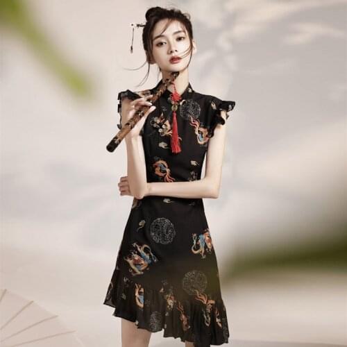 Vintage Women Print Dragon Cheongsam Slim Summer Thin Ruffles Evening Party Dress Chinese Style Ladies Qipao Classic Vestidos