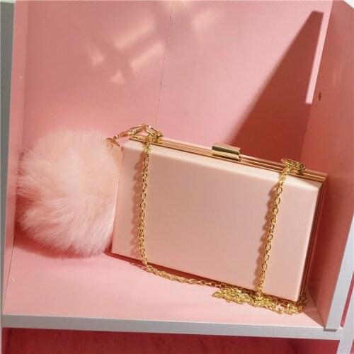 Women Handbags Acrylic Totes Fur Ball Flap Box 2019 New Ladies Small Crossbody Shoulder Bags Luxury Pink White Handmade Purse
