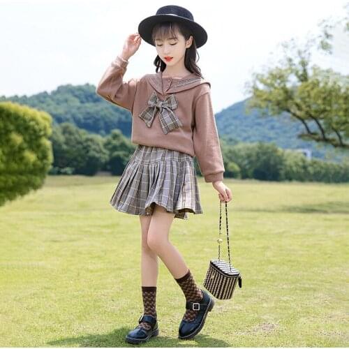 Girls Fashion Set Spring And Autumn Bowknot Lapel Pullover Pleated Plaid Skirt 2-piece Set Girls School Uniform Girls Cute Set