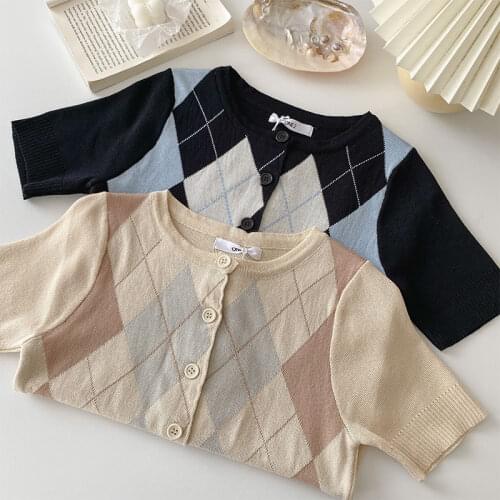 Retro Y2K Argyle Knitted Cardigan Women 2021 Summer Fashion O-Neck Single Breasted Preppy Style Causal Short Sleeve Crop Top