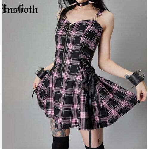 InsGoth Mall Goth Black Plaid Dress Y2K Academia Bandage A Line Dress Harajuku Streetwear High Waist Sexy Backless Mini Dress