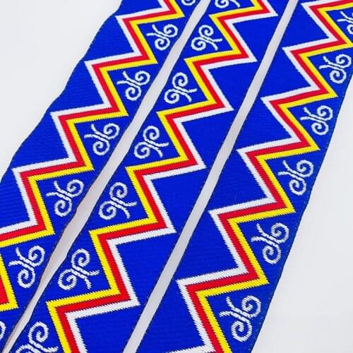 33MM Woven Jacquard Ribbon Blue Geometric Pattern Ethnic Embroidery Webbing Lace Trim For Curtain Clothing Bag DIY Farbic