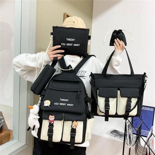 5 pcs sets canvas Schoolbags For Teenage Girls Women Backpacks Laptop keychain School Bags Travel Bagpack Mochila Escolar