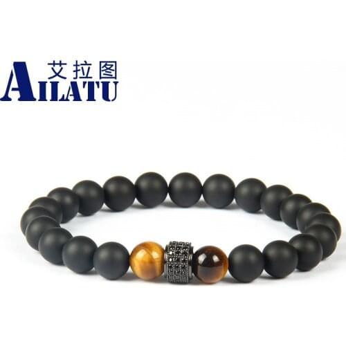Ailatu New Fashion Jewelry 8mm Matte Onyx Stone Beads with Cubic Zirconia Cylinders Beaded Bracelet for Mens