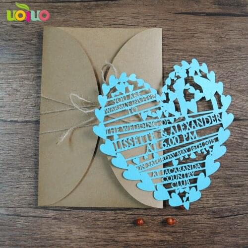 Free shipping 50set inc134 sky blue Laser Cut free customized text Wedding Invitations Card with Kraft Envelope with seal