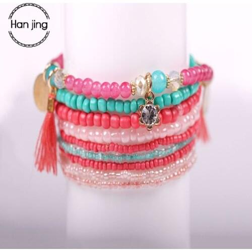 Bohemian Multilayer Candy Color Crystal Beads Tassel Charm Bracelets & Bangles Set Elastic Stretch Women Jewelry Pulseras mujer