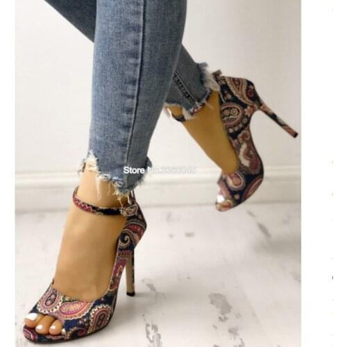 Fashion Ethnic Prints Open Toe Woman Buckle Strap Sandals Bohemian Designer Cover Heel Casual Dress Shoes Elegant Ladies Shoes
