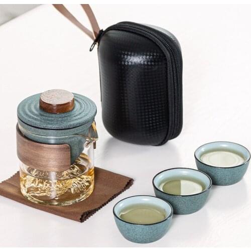 Black pottery one pot 3 cups tea set portable travel home office cup ceramic tea coffee container with bag