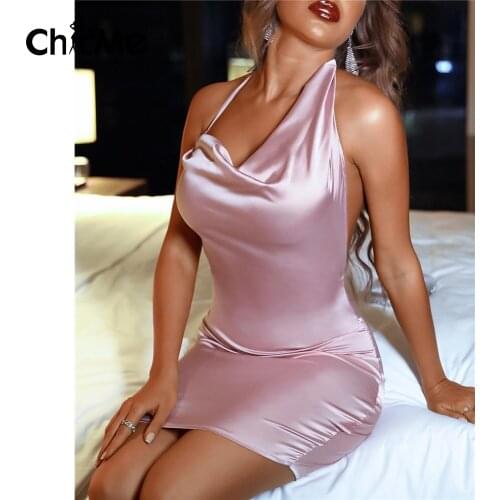 Chicme Women Fashion Solid Color Cowl Neck Satin Ruched Femme Spring Summer Dress Halter Mini Party Vestidos