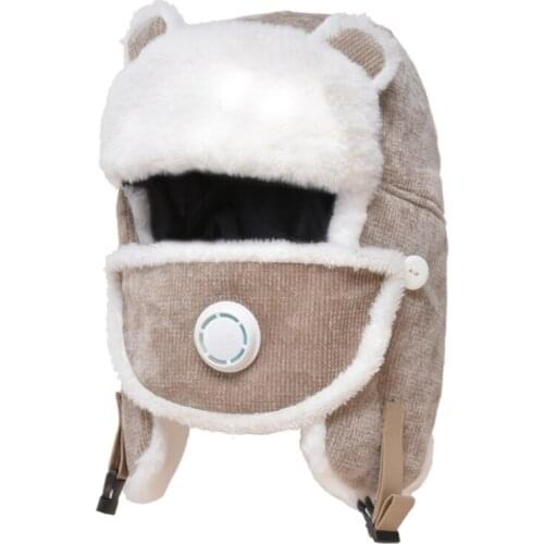 Kids Cute Ears Winter Trapper Hat with Valves Face Mask Thick Plush Lined Warm Earflap Cap Windproof Ski Mouth Cover