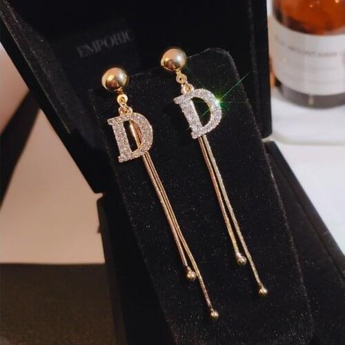 Long Chain Letter D Hanging Earrings Women Luxury Brand Crystal Big Dangle Earring Statement 2021 Fashion Wedding Jewelry