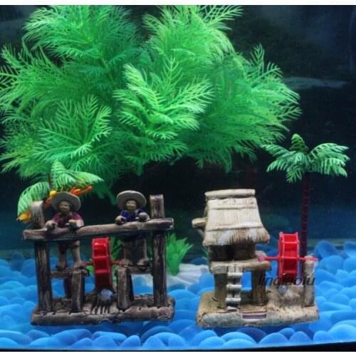 Double waterwheel fish tank decoration landscape, ceramic thatched house creative aquarium decoration