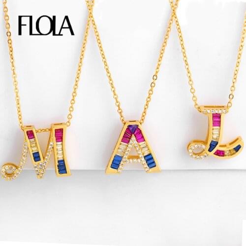 FLOLA Gold Filled A-Z 26 Initial Letters Necklaces For Women Crystal Charm Necklaces Pendant Cubic Zircon Rainbow Jewelry nkep57