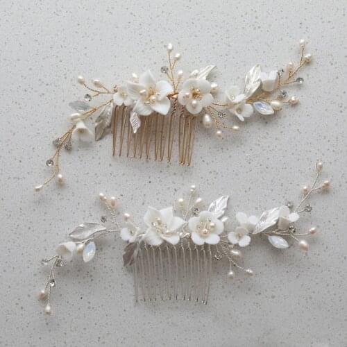 SLBRIDAL Handmade Alloy Leaf Opal Crystal Ceram Flower Freshwater Pearls Bridal Hair Comb Wedding Hair Accessories Women Jewelry