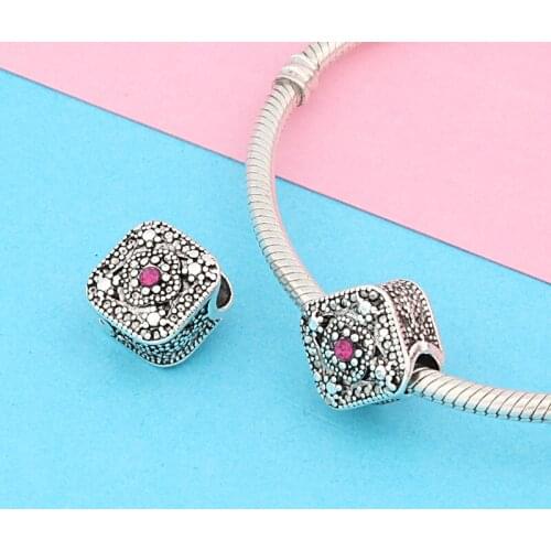 Leabyl Silver Color Square Jewelry Beads fit Bracelet Bangle Rose Red Crystal Charms for Women Girl DIY Jewelry Making