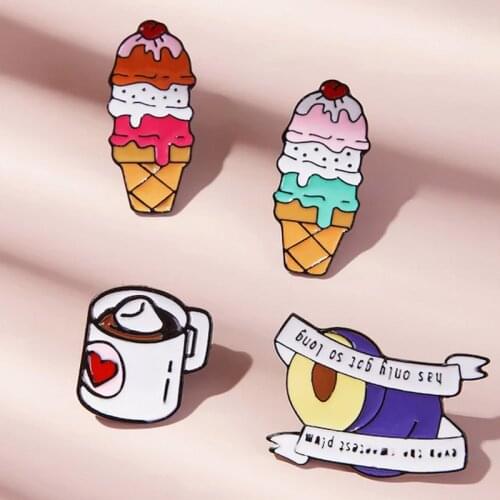 Fashion color ice cream cone white coffee cup coffee love roll paper letter ribbon metal enamel pin lapel clothes jewelry brooch