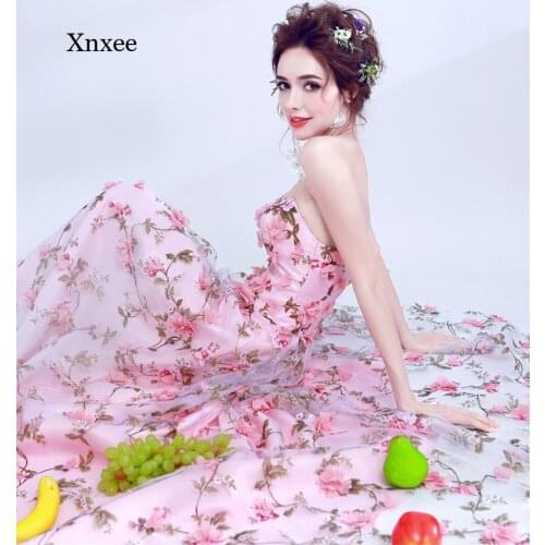 New Pink Sweet 3D Flowers Maxi Dress Off Shoulder Women Wedding Bride Robe Lady Girl Princess Bridesmaid Banquet Party Long Gown