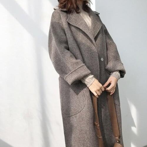 Korean Plaid cashmere thickened coat 2021 winter new medium length 100% wool double-sided tweed loose coat