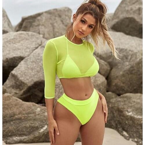 Sexy 3 Pcs Womens Swimsuit with Cover Up Summer Ladies Halter Bikini Bras High Waist Panty with Mesh Crop Tops Bathing Suit