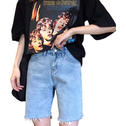 Vintage Knee Length Midi Summer Shorts For Women Streetwear Loose Straight High Waist Denim Shorts Jeans Casual Hotpants C7308