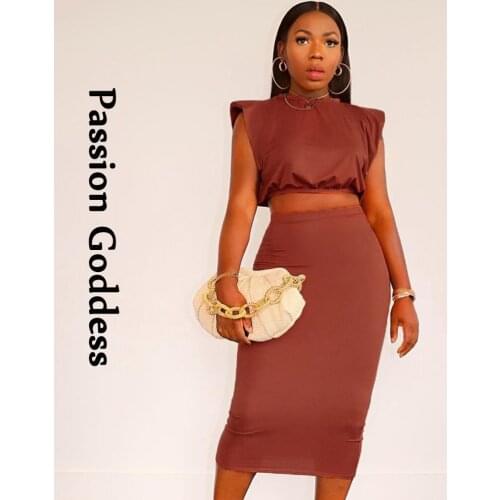 Streetwear Women 2 Piece Skirts Slim Sets Collect Waist Shoulder Pad Crop Tops High Waist Bodycon Long Skirts Two Piece Outfits