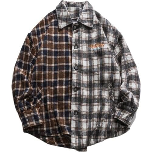 Hip Hop Plaid Patchwork Long Sleeve Shirt 2020 Color Block Casual Harajuku Shirts Streetwear Autumn Loose Cotton Vintage Shirts