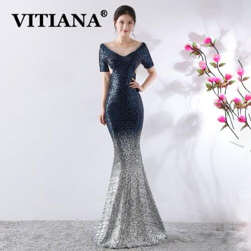 VITIANA Women Trumpet Sexy Party Long Dress Female Mesh Sequined Host Elegant Banquet Dresses Femme Blue Noble Vestidos