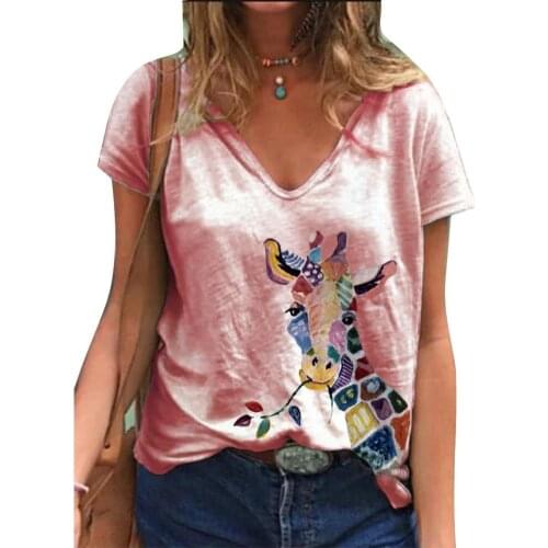 Футболка woman tshirts Casual V Neck Short Sleeve Cartoon Giraffe Print Loose T-shirt Top женские футболки футболка женская