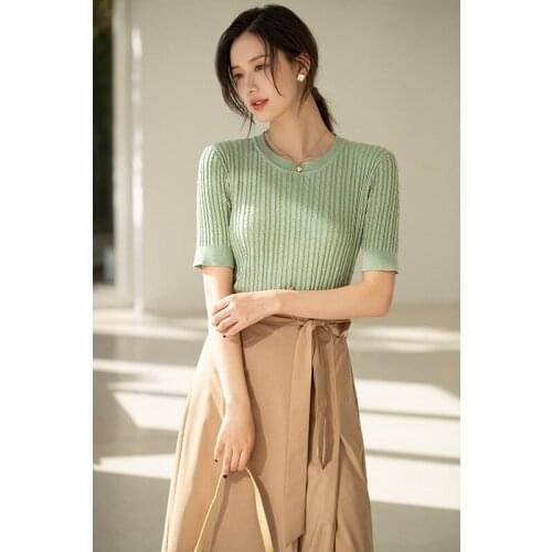 5168 Summer Knitted T-Shirt Women Thin Sweater Casual Elegant Fashion Tops Pure Color O-Neck Ladies Office Soft Short Basic Tees