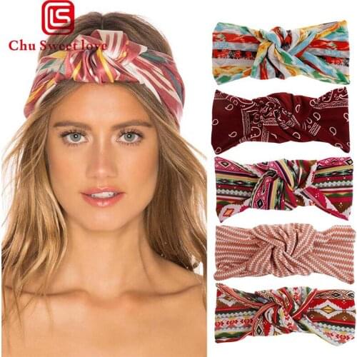 Women Girls Bohemian Hair Bands Fashion Summer Print Headbands Vintage Cross Turban Bandage Bandanas HairBands Hair Accessories