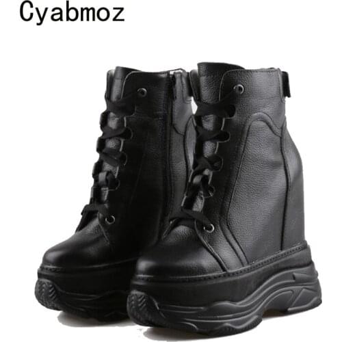 Cyabmoz Women Ankle Boots Genuine Leather Height increasing Shoes Platform Hidden High heels Party Ladies Shoes Casual Sneakers