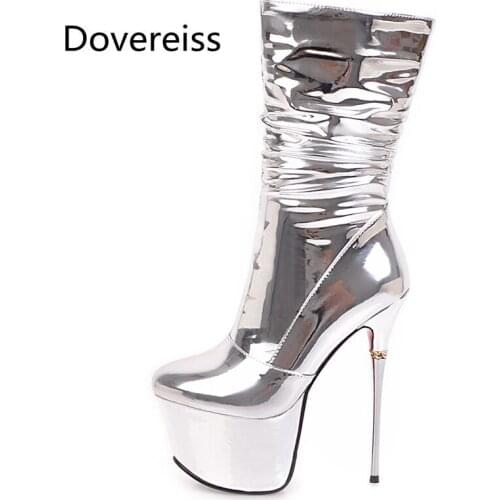 Dovereiss Fashion Womens Shoes Winter Sexy Elegant Pointed toe Concise Waterproof Stilettos heels Silver Ankle boots 33-40