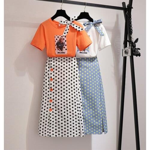 2019 Summer Women Polka Dot Print 2 Piece Clothing Set Character Pattern Bow Tshirt Top+Button Split Bodycon Mid Calf Skirt Suit