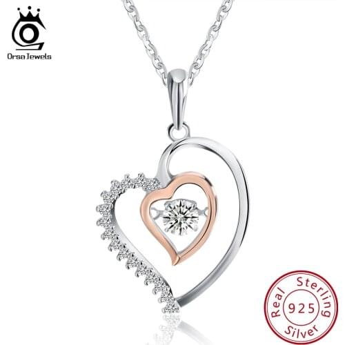 ORSA JEWELS 925 Sterling Silver Women Pendant Necklaces With AAA Zircon Romantic Heart Pendant Silver Wedding Jewelry Gift OSN15