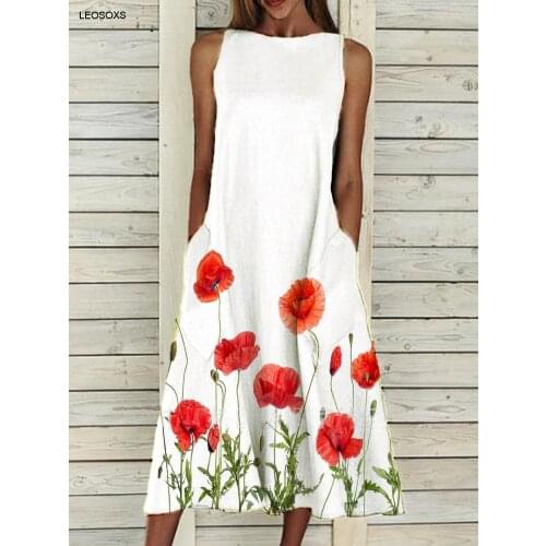 Dresses For Women 2021 New Floral Printed Scenic Pocket Sleeveless Round Neck Dress Elegant Mid-length Dress