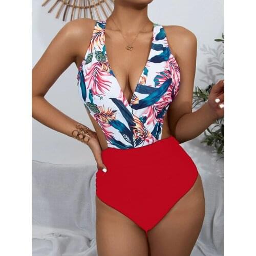 2021 Sexy Halter One Piece Swimsuit Women Swimwear Female High Waist Bikini Patchwork Swimming for Bathing Suit Womens Monokini