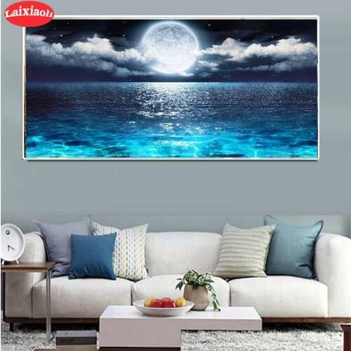 5D DIY Diamond Embroidery Natural scenery, moon and ocean at night Diamond Painting Cross Stitch Mosaic New Arrival Wall Art