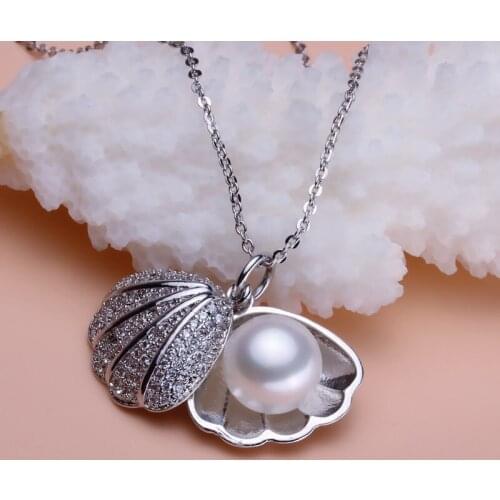 Free shipping Full cz shiny solid 925 silver shell necklace with natural real pearl pendant jewelry hot sell bridal popular