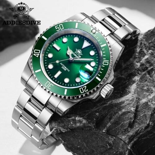 Addies Green Water Ghost Sapphire Men Automatic Mechanical Dive Watches Ceramic Bezel 20Bar BGW9 Luminous Magnifier Date Window
