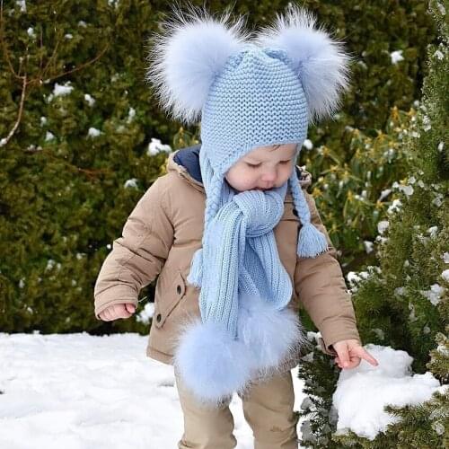 Kids Winter Hat and Scarf Set for Children Girls Boys Luxury Warm Crochet Beanie Set Real Raccoon Fur Pompom Cap and Scarf Set