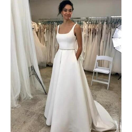 Elegant Long Square A-Line Wedding Dresses with Pockets Custom Ivory Satin Floor Length Open Back Bridal Gowns for Women