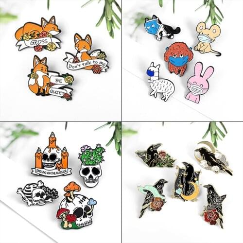 Cat dog sheep rabbit mouse Skull skeleton Enamel Pin Be quiet Don't talk to me Fox Solituder crow Animals Brooches Pins Badges