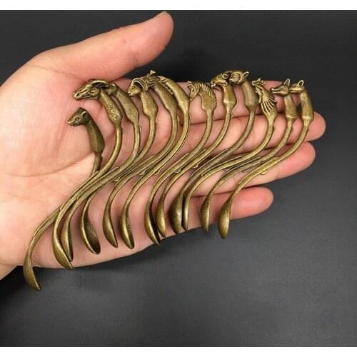 Collection Chinese Copper Carved Twelve Zodiac Animal Tea Spoon Coffee Spoon A Set 12 Pieces Exquisite Small Statue