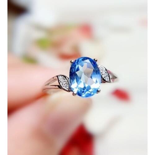 Natural real blue topaz oval leaves style ring Per jewelry 6*8mm 1.6ct gemstone 925 sterling silver Fine jewelry T20895
