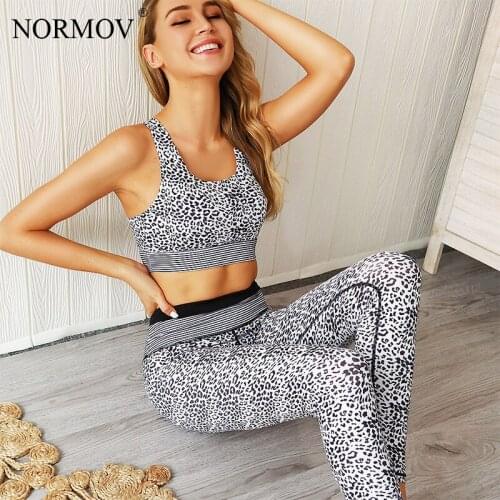 NORMOV Women Jogging Two Piece Set Summer Holographic Leopard Print 2 Piece Set Sleeveless Top And High Waist Leggins Women Set