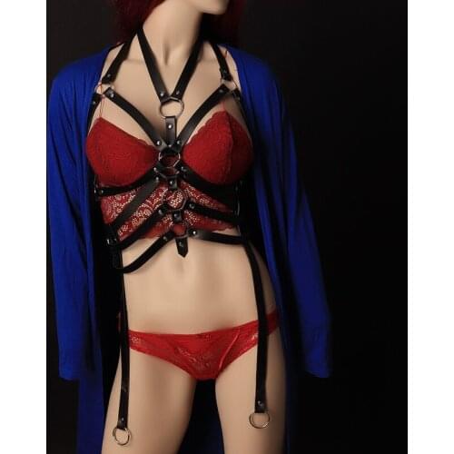 Leather Harness Bondage Bdsm Erotic Lingerie Goth Garter Belts Women Punk Hanging Neck Hollow Sling Underwear Sexy Suspenders