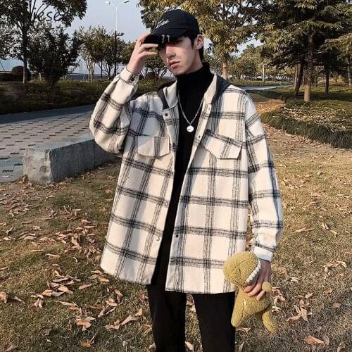 Plaid Jackets Men Winter Thick Basic Loose Korean Retro Streetwear Outwear Stitching Hat Mens Patchwork Simple Daily Jacket New