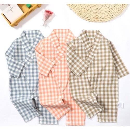 Fashion Baby Girls Boys Plaid Romper Pure Cotton Long Sleeve Jumpsuit Headband Outfits Set Newborn Infant Clothes