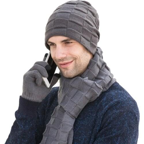 Men Winter 3Pcs Beanie Hat Long Scarf Touch Screen Gloves Set Solid Color Plaid Knit Plush Lined Skull Cap Neck Warmer